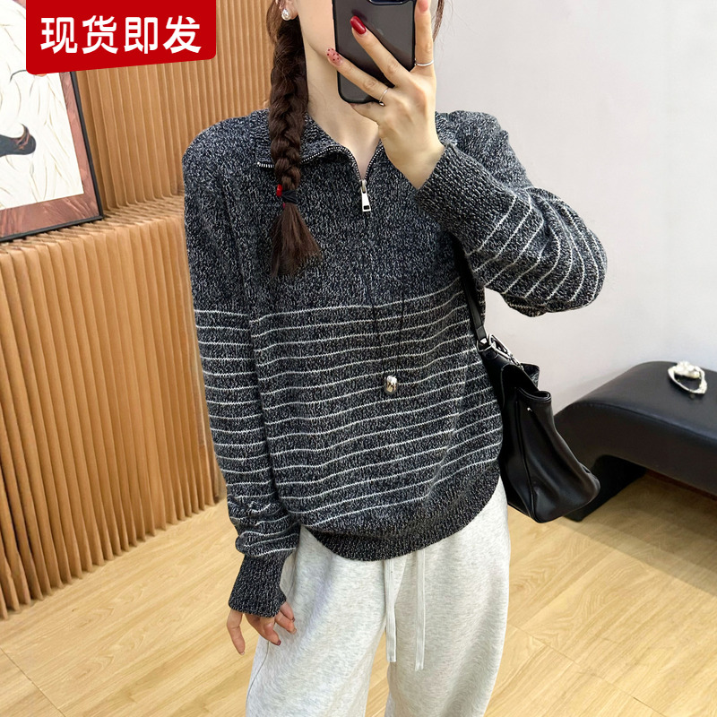 复古条纹花纱高领羊绒针织衫毛衣