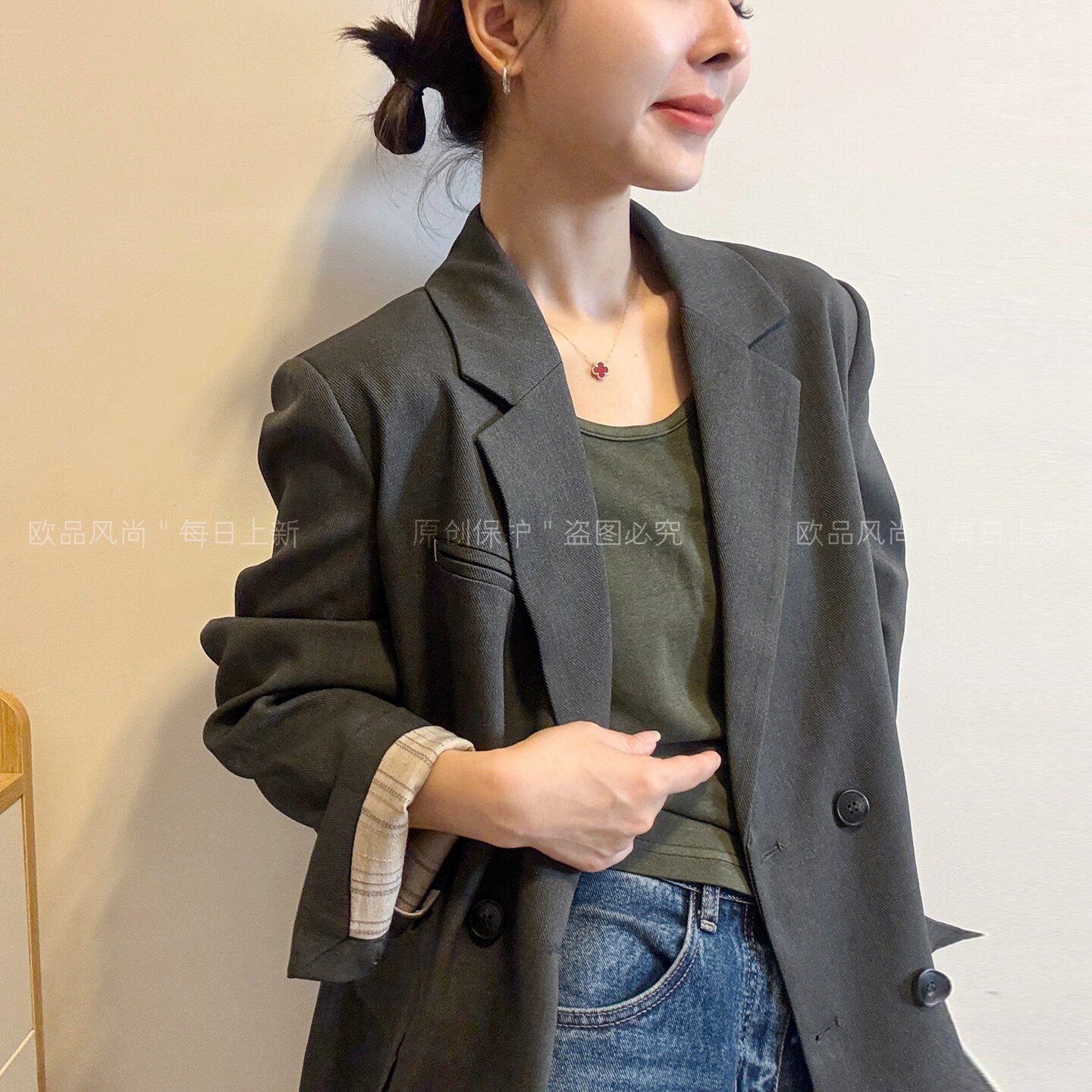 双排扣卷袖西装外套女欧洲站西服