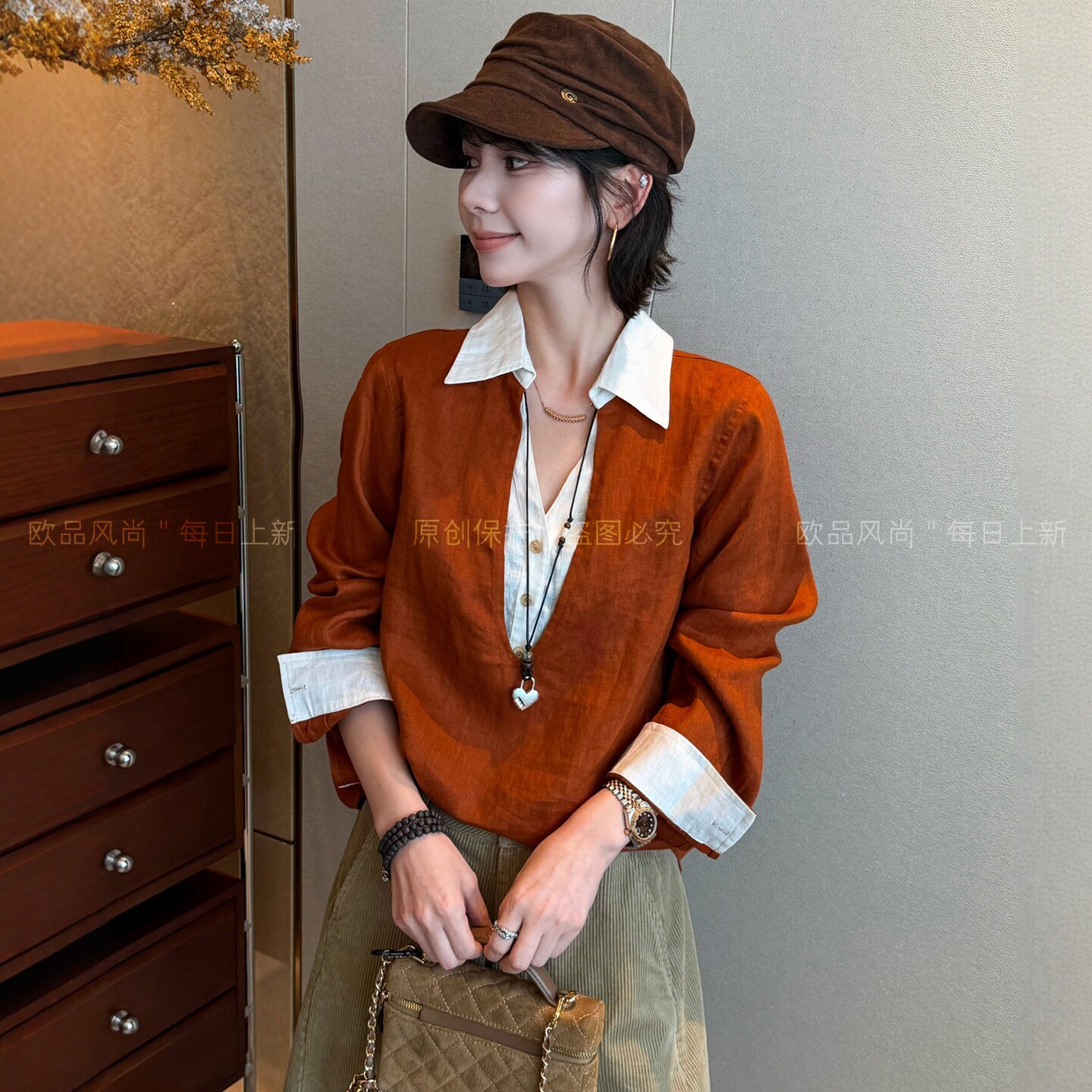 假两件POLO领苎麻衬衫女欧货上衣