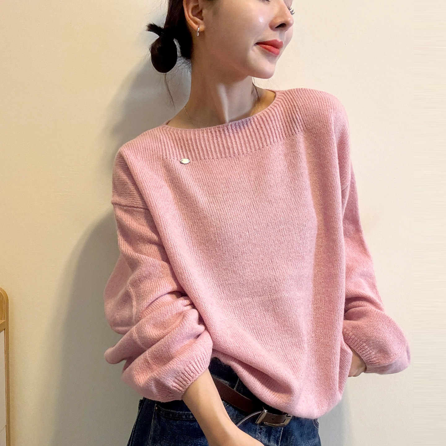 复古贴标灯笼袖羊毛针织衫女欧货