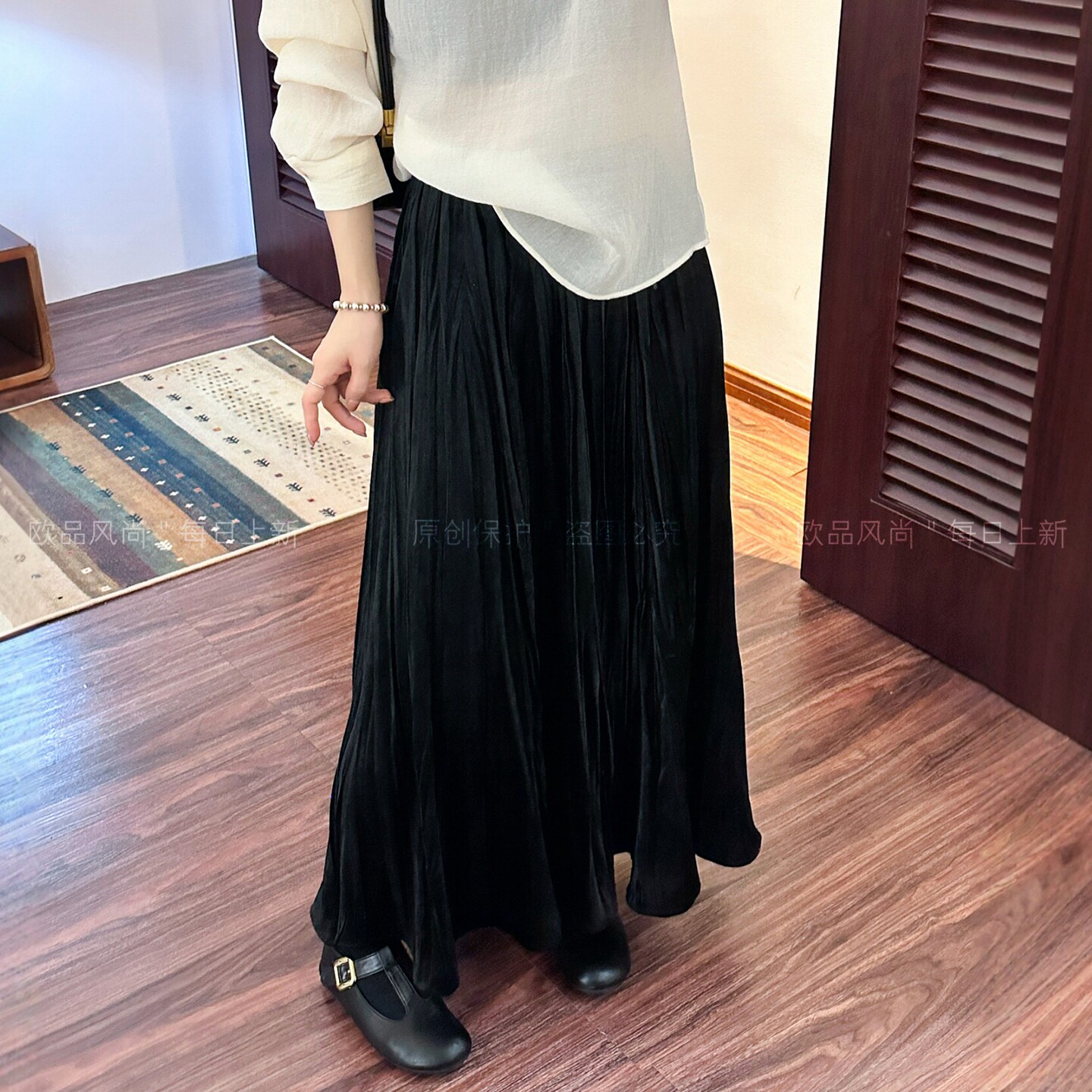 复古高腰A字百褶半身裙女欧洲站