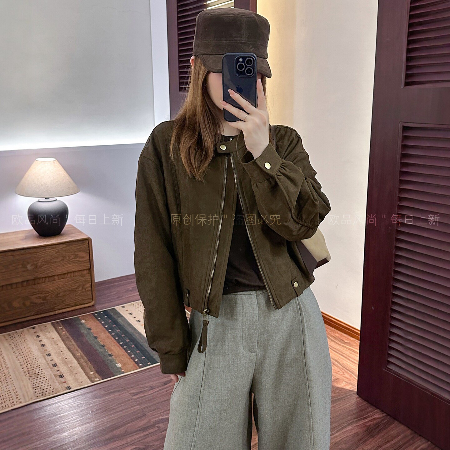 复古立领麂皮绒加棉短外套女欧货