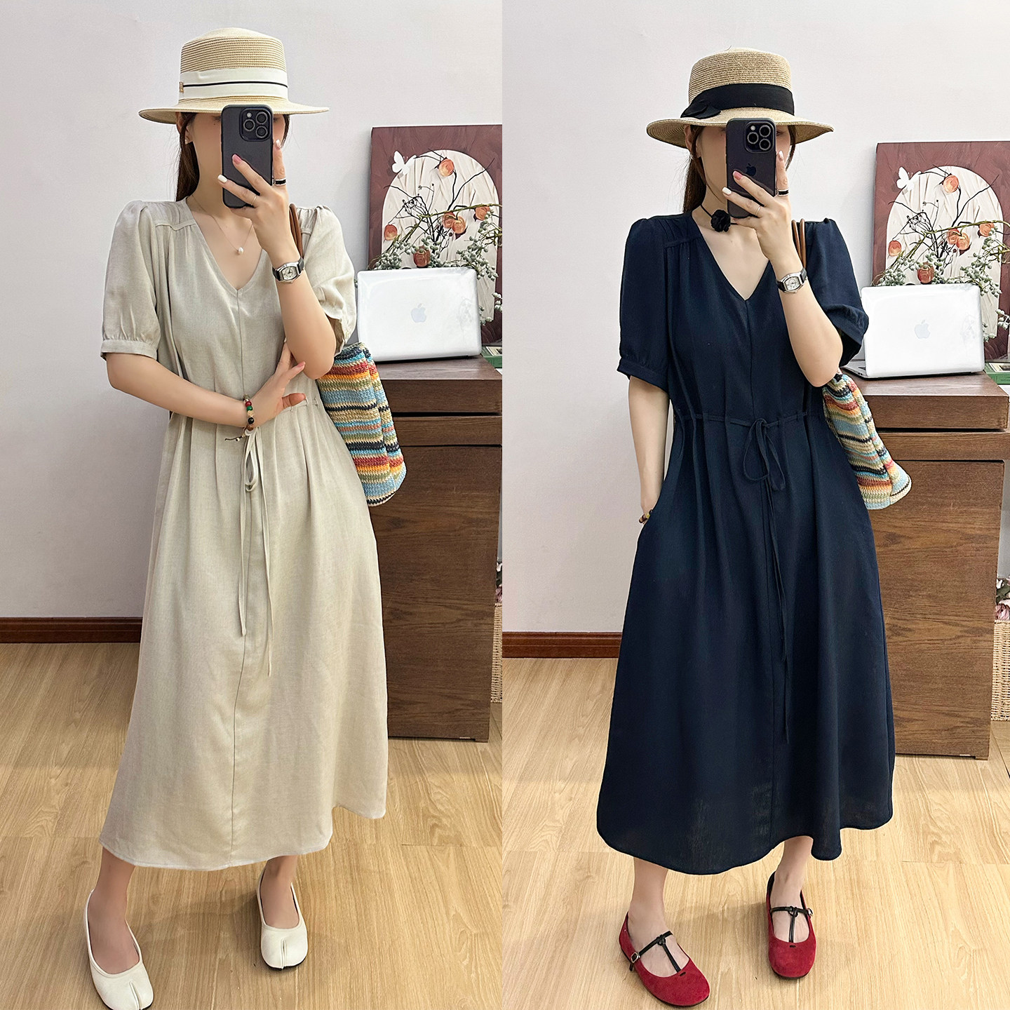 复古系带V领泡泡袖连衣裙女欧货