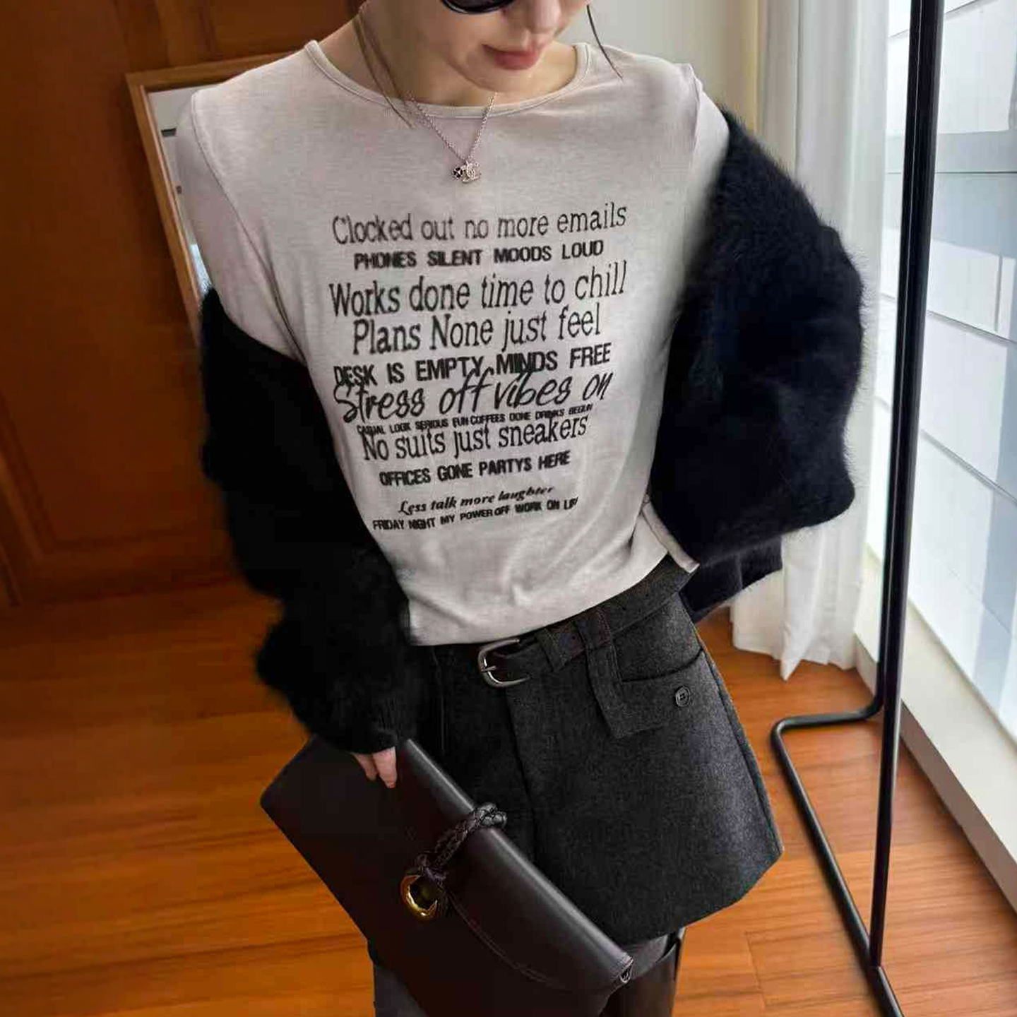 字母印花小版羊毛针织T恤女欧货