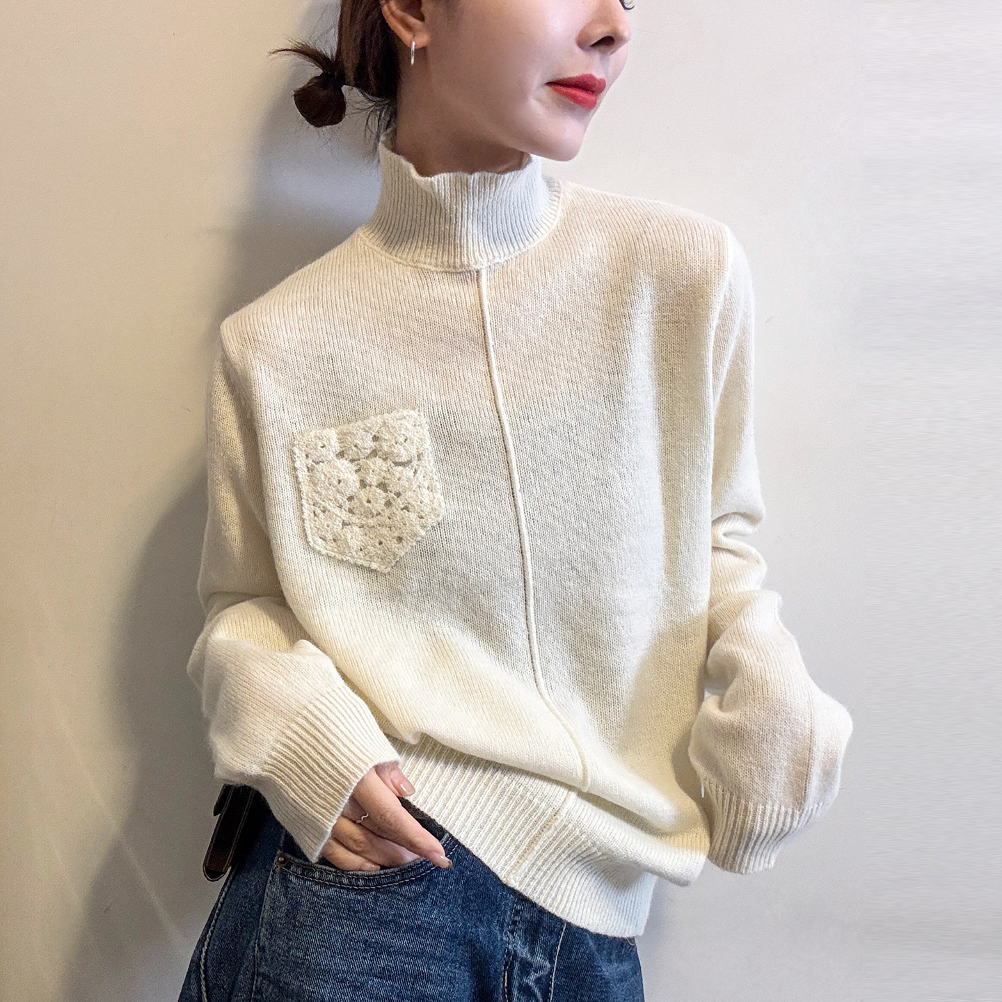 镂空刺绣高领羊毛针织衫女欧洲站