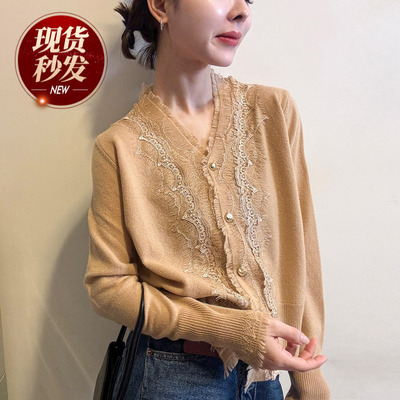 蕾丝拼接V领羊毛针织开衫欧洲站