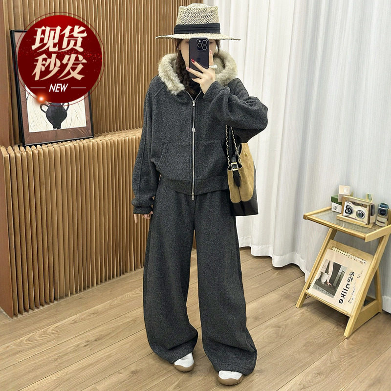 狐狸毛领连帽羊绒卫衣阔腿裤两件套装女欧洲站2025冬装新款欧货潮
