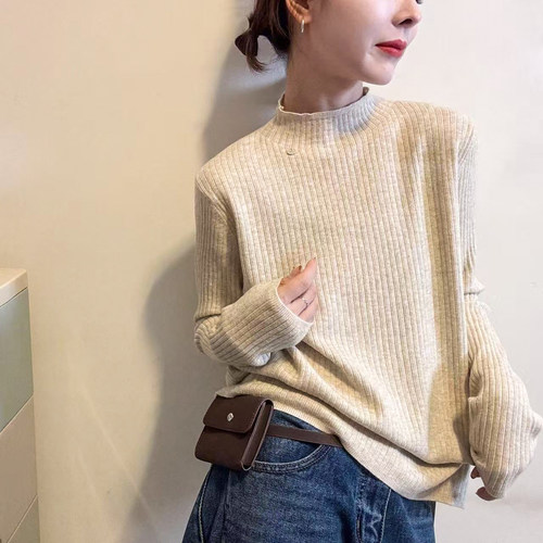 小半高领坑条细羊毛针织衫女欧货