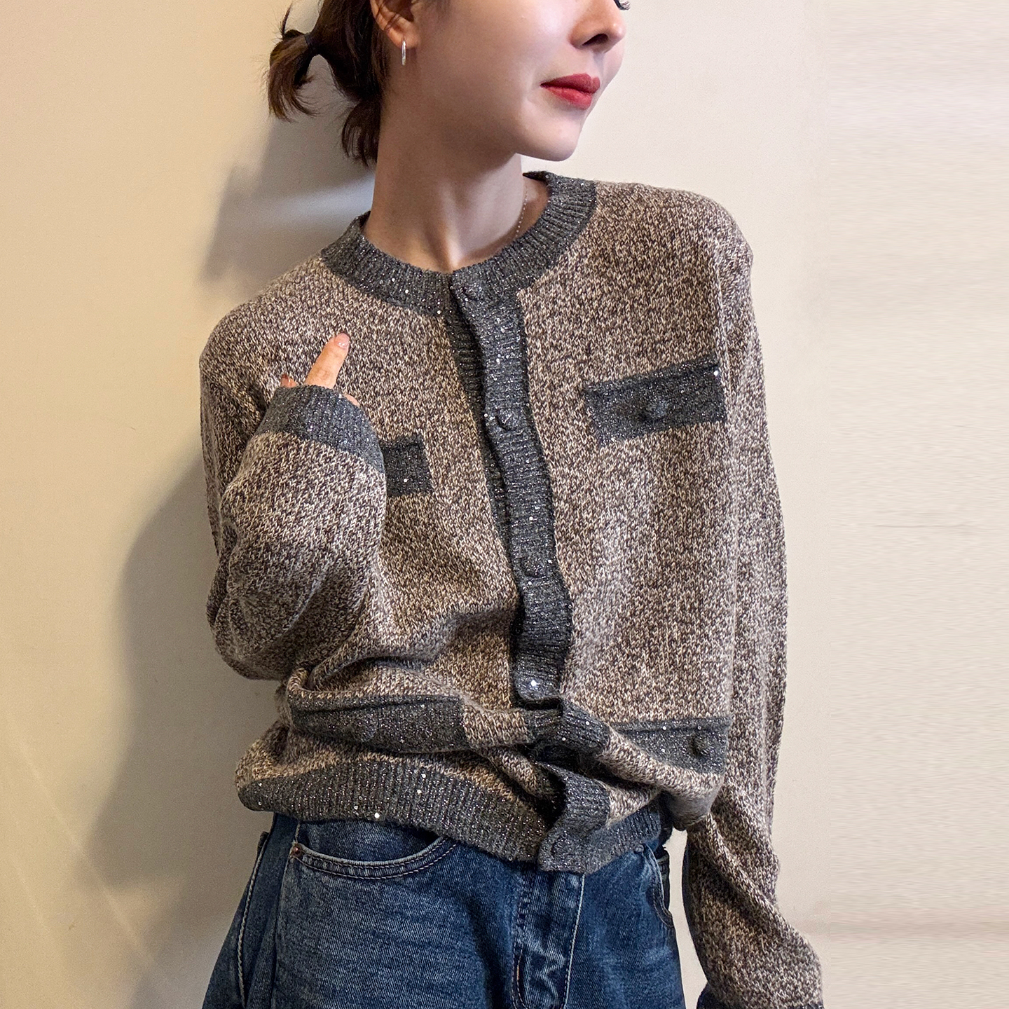 小香风杂线羊毛针织开衫女欧洲站