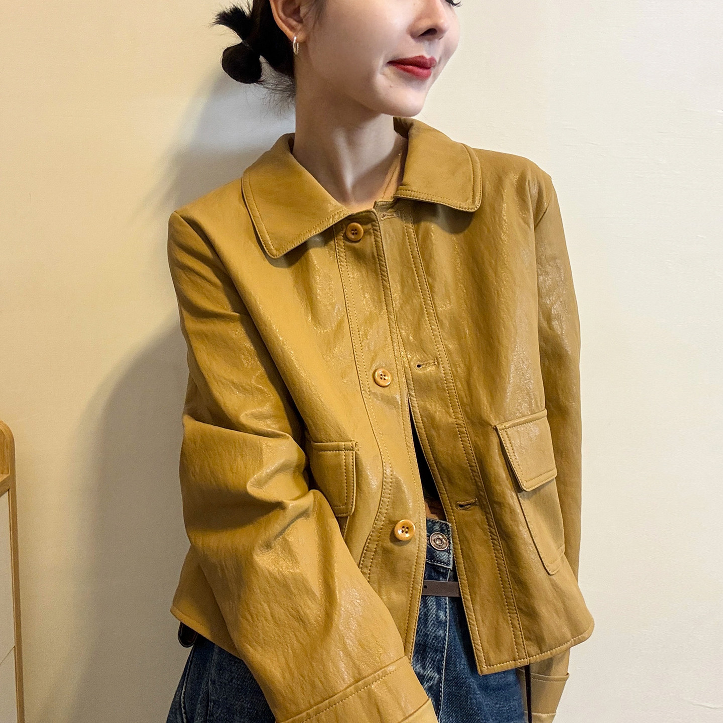 复古翻领蛋白皮PU皮衣女欧货外套