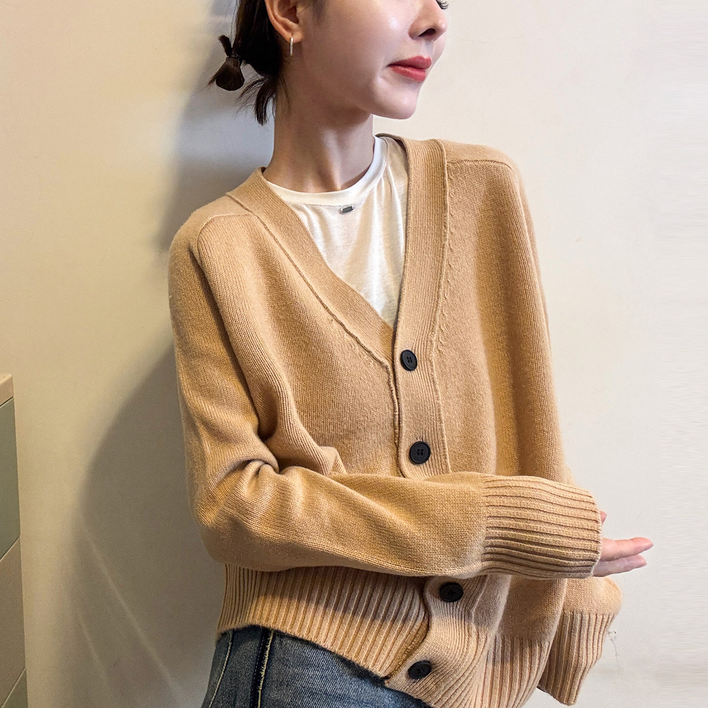 复古V领山羊绒针织开衫女欧洲站2025冬装新款欧货女装毛衣外套潮