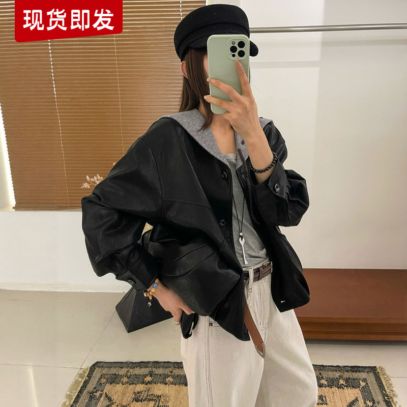 假两件蛋白皮PU皮衣外套女欧洲站