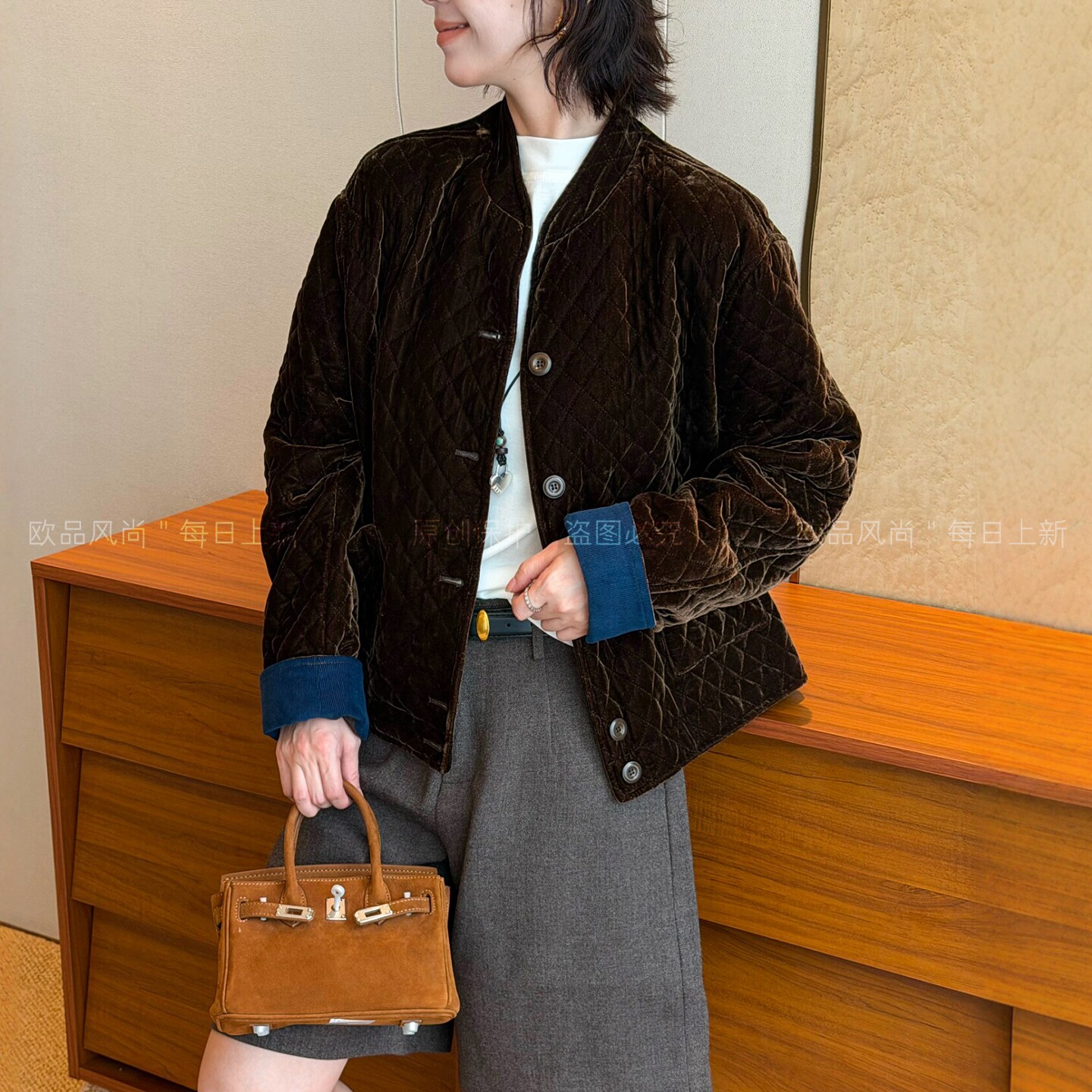 新中式国风金丝绒压格外套女欧货