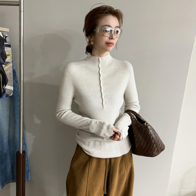 小半高领纽扣细羊毛针织衫女欧货