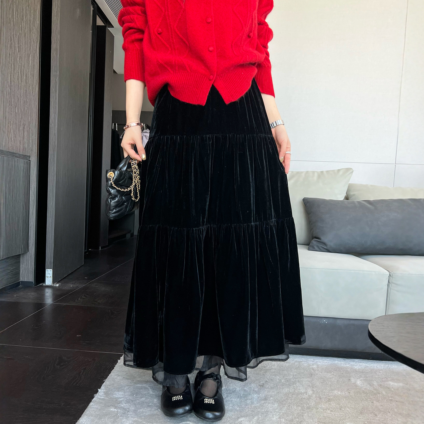 金丝绒网纱A字半身裙女欧货裙子