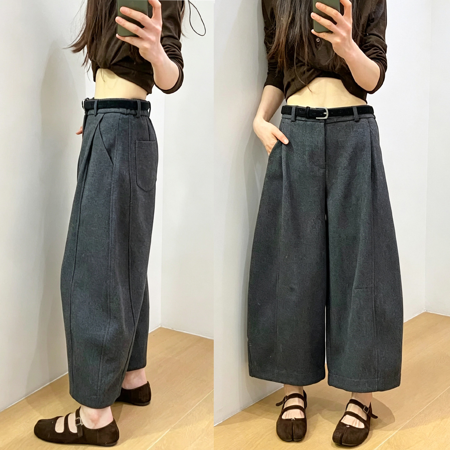 羊毛呢加绒九分弯刀阔腿裤女欧货