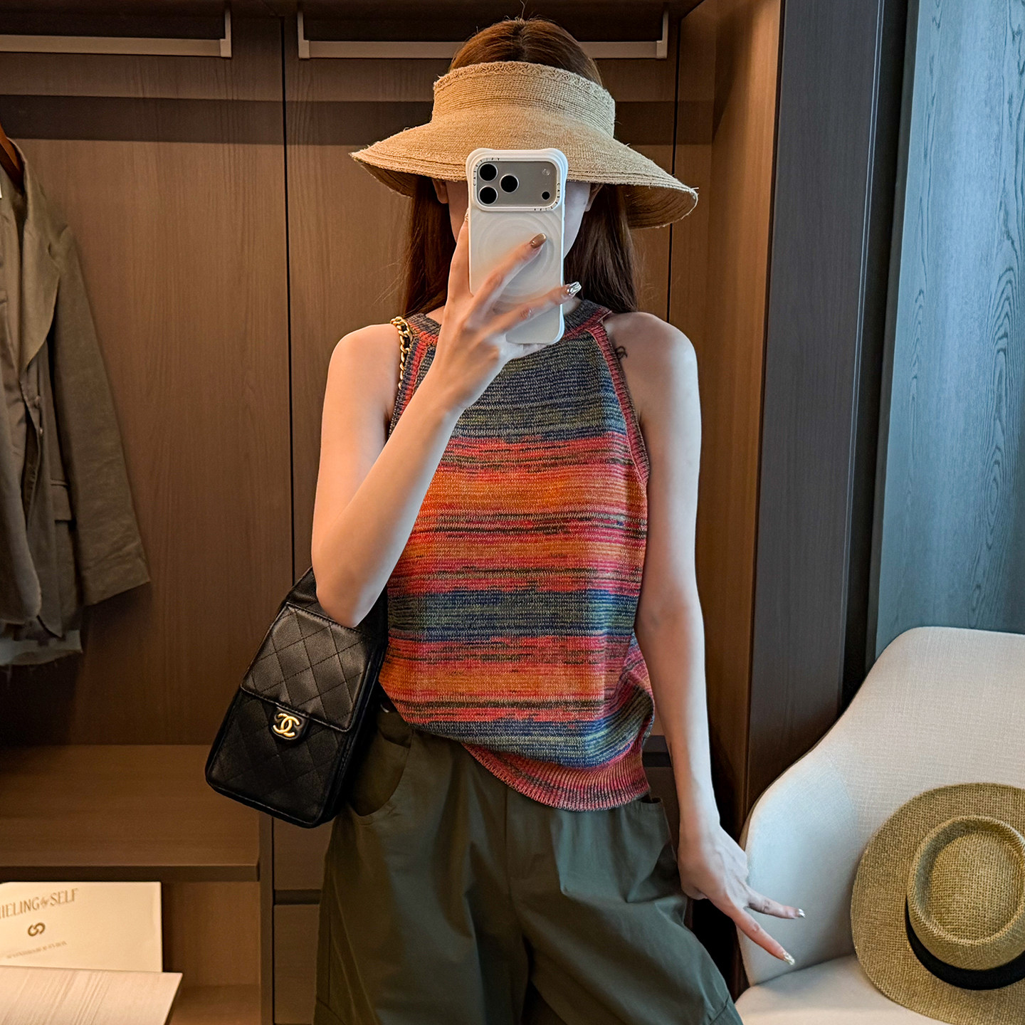 渐变色条纹挂脖冰丝针织衫女欧货
