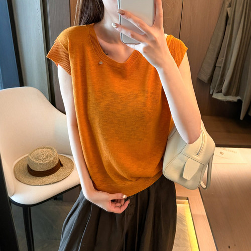 贝壳扣小飞袖冰丝针织衫女欧洲站