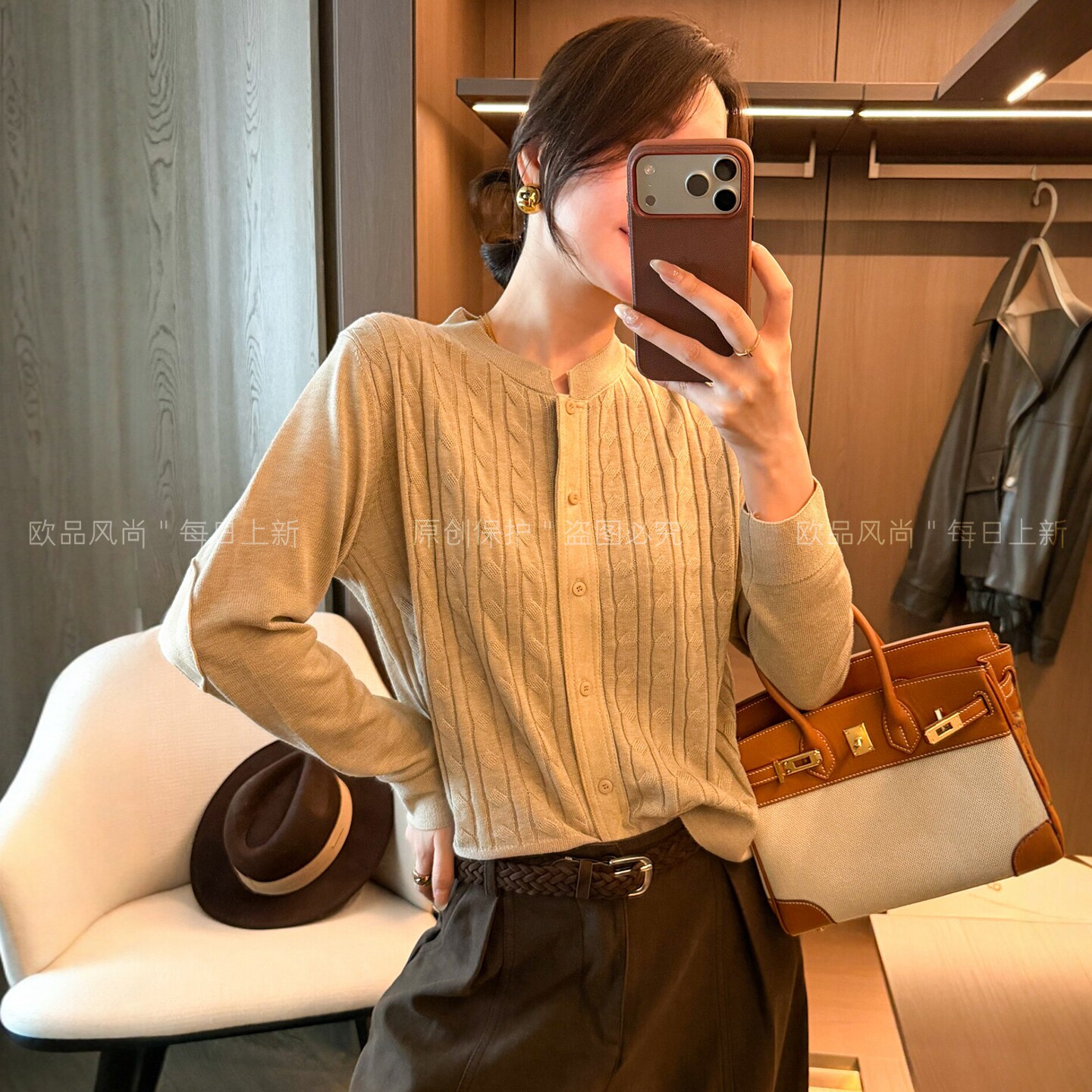 老钱风麻花纹羊毛针织开衫女欧货