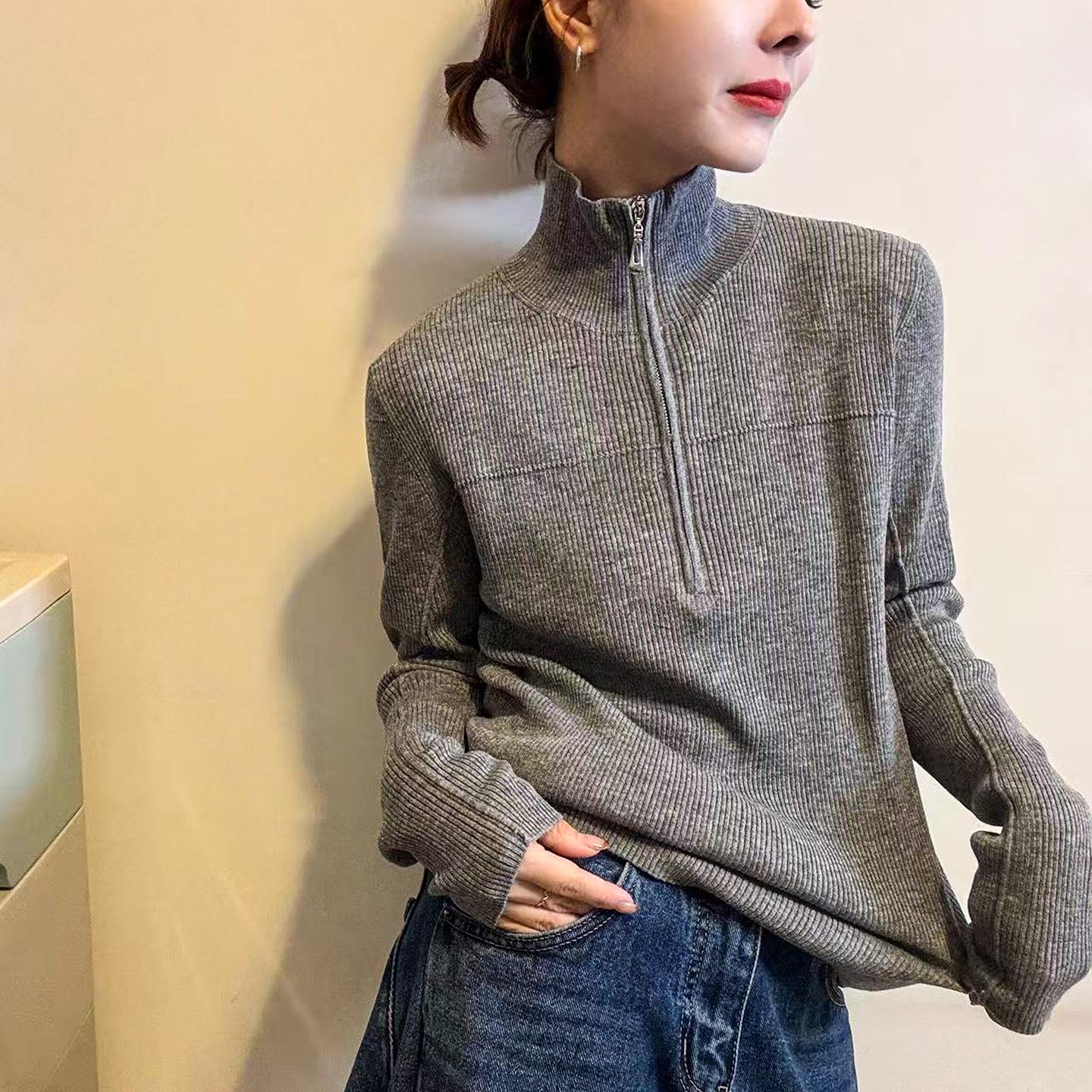 复古坑条高领细羊毛针织衫女欧货