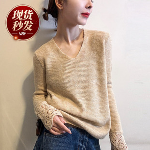 打底小衫 镂空钩花V领羊毛针织衫 欧货女装 新款 潮 女欧洲站2025冬装
