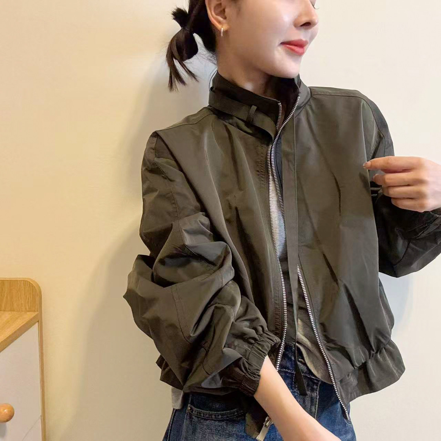 抽绳立领棒球服开衫外套女欧洲站