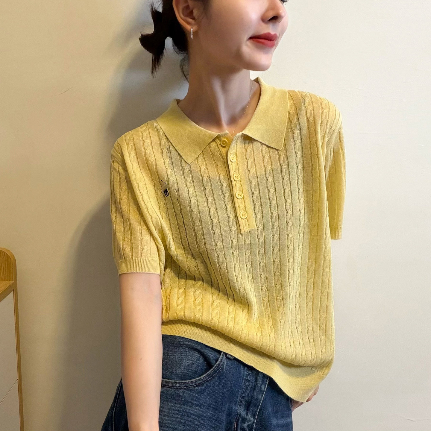 POLO领麻花纹冰丝针织衫女欧洲站2026夏装新款欧货女装洋气上衣潮