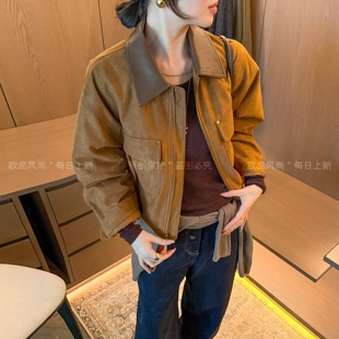 麂皮绒拼皮翻领加棉短外套女欧洲站2026秋季新款欧货女装棉衣棉服