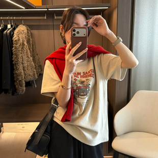 复古印花磨毛短袖T恤女欧洲站2025冬装新款欧货女装时尚打底衫潮