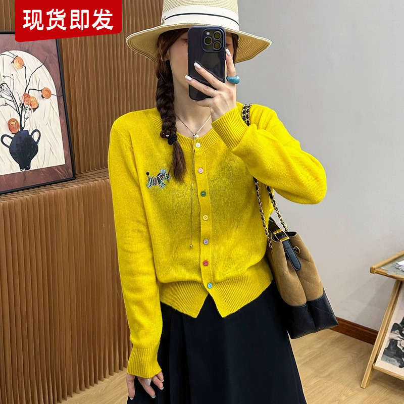 彩色木马细羊毛针织开衫女欧洲站