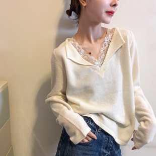 打底衫 假两件蕾丝V领羊毛针织衫 欧货女装 新款 潮 女欧洲站2025冬装