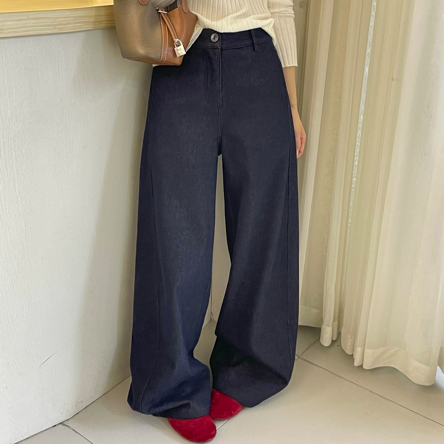 深蓝色拖地加绒牛仔裤女欧洲站潮