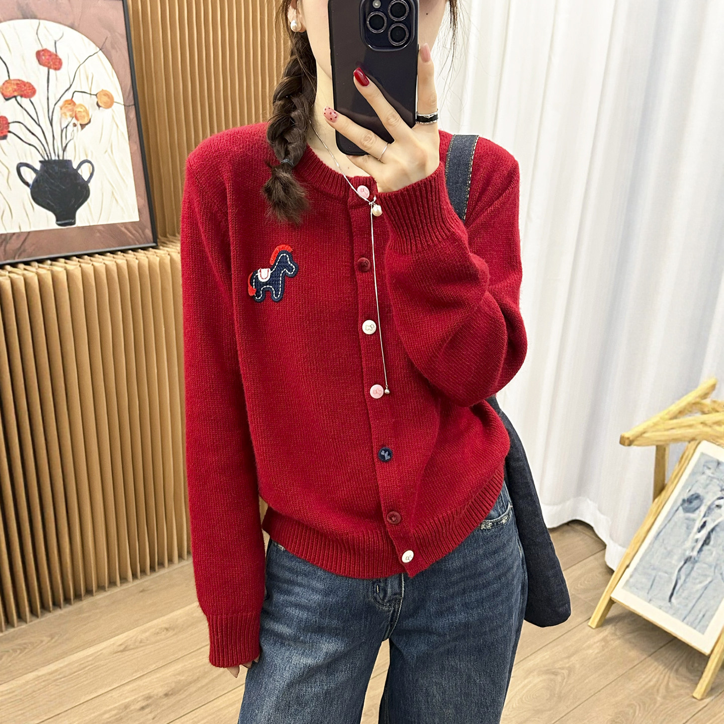 小马刺绣细羊毛针织开衫女欧洲站2025冬装新款欧货女装毛衣外套潮