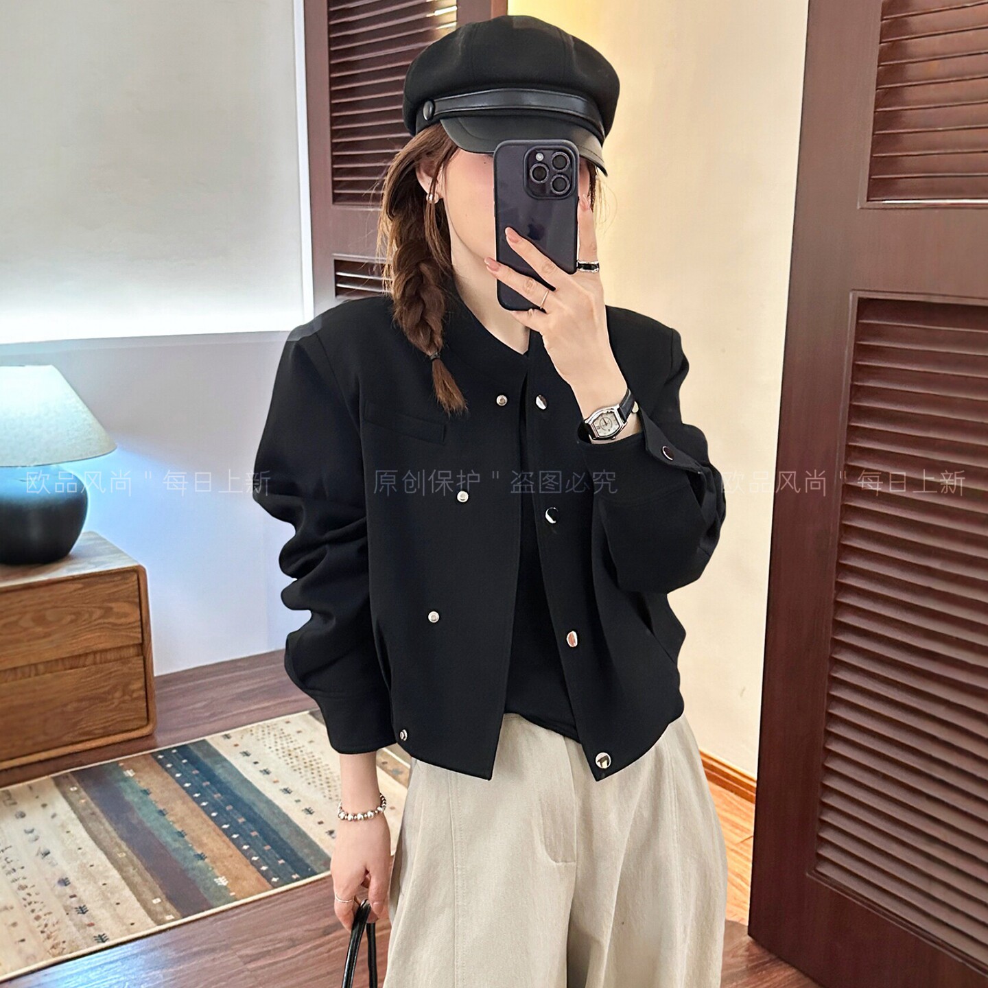 双排扣立领棒球服外套女欧货上衣