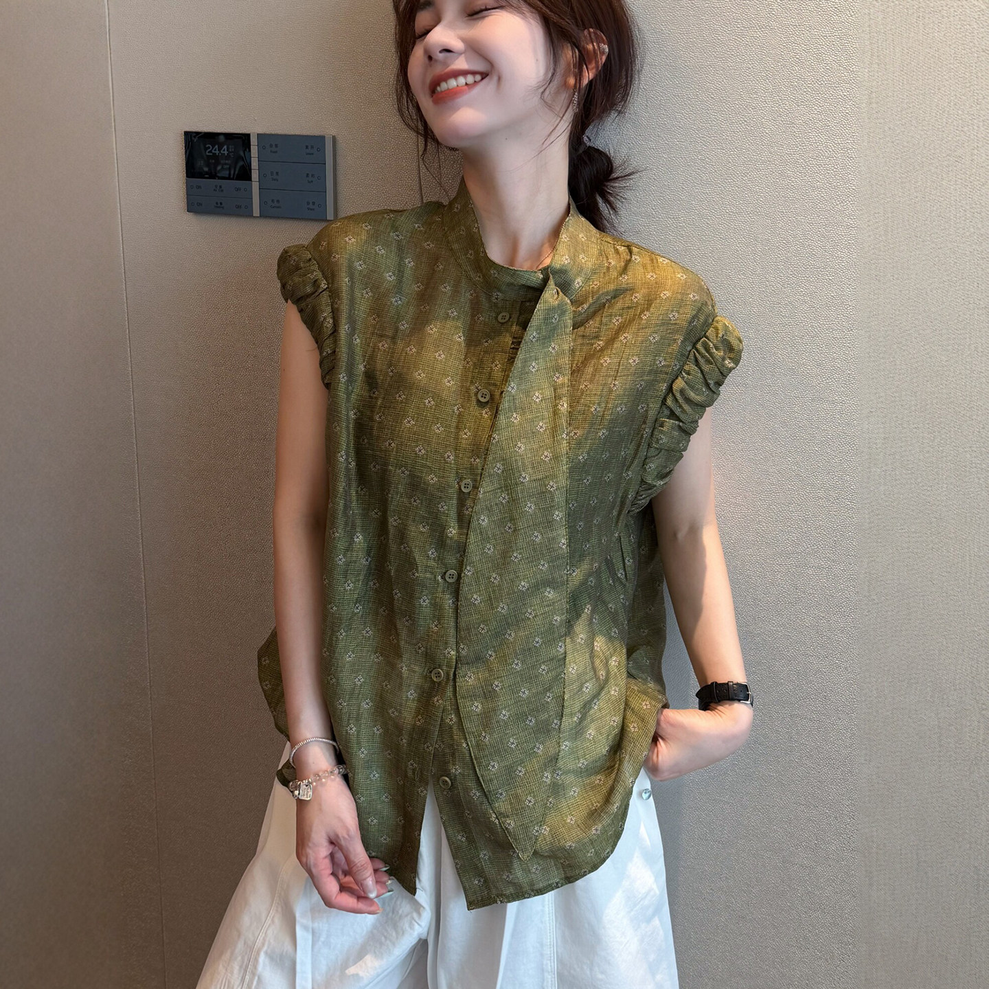 配飘带天丝麻料衬衫女欧洲站2026夏装新款欧货女装时尚洋气小衫潮