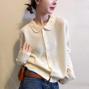 打底衫 镂空钩花翻领羊毛针织开衫 欧货女装 新款 潮 女欧洲站2025冬装