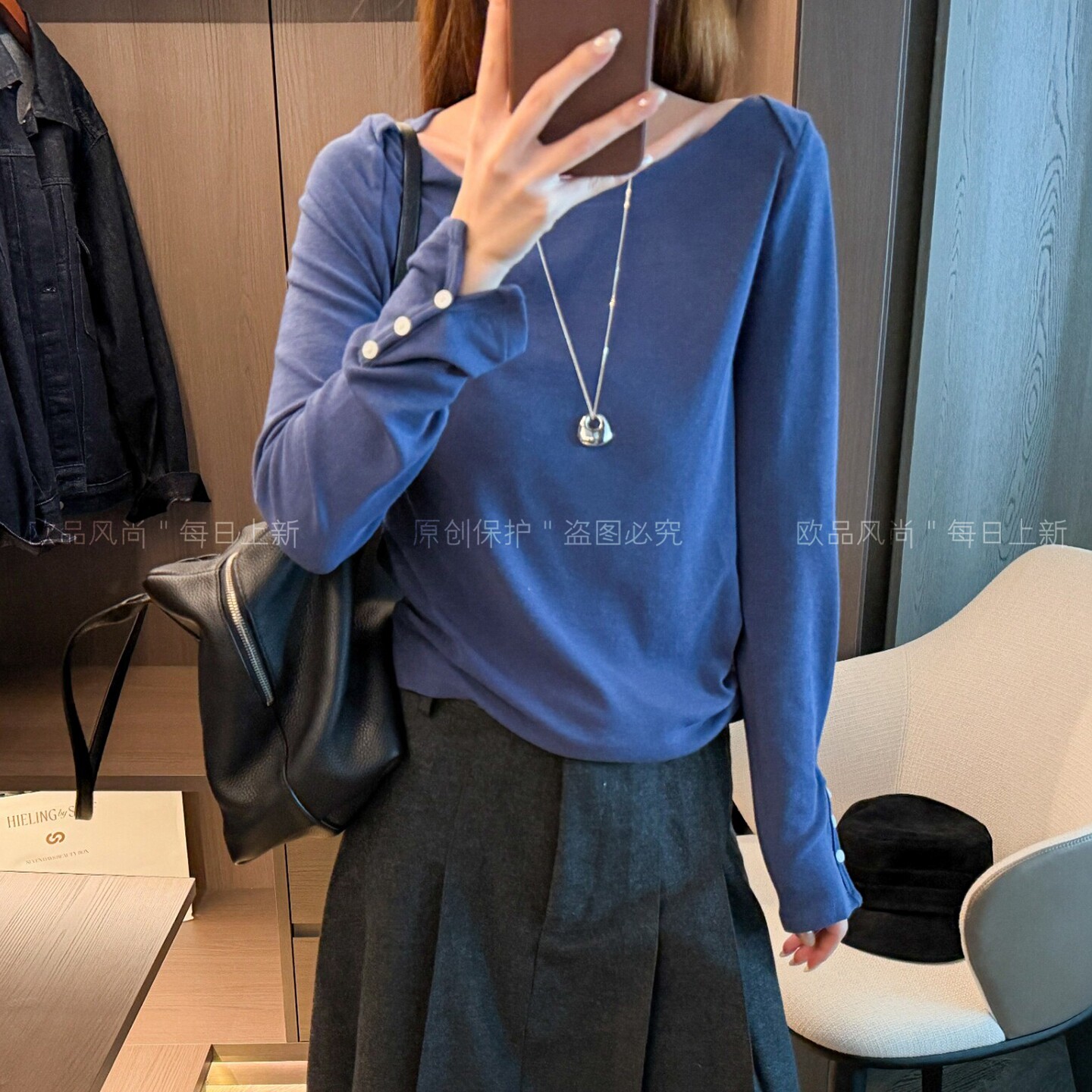 袖口开叉一字领露肩T恤女欧洲站