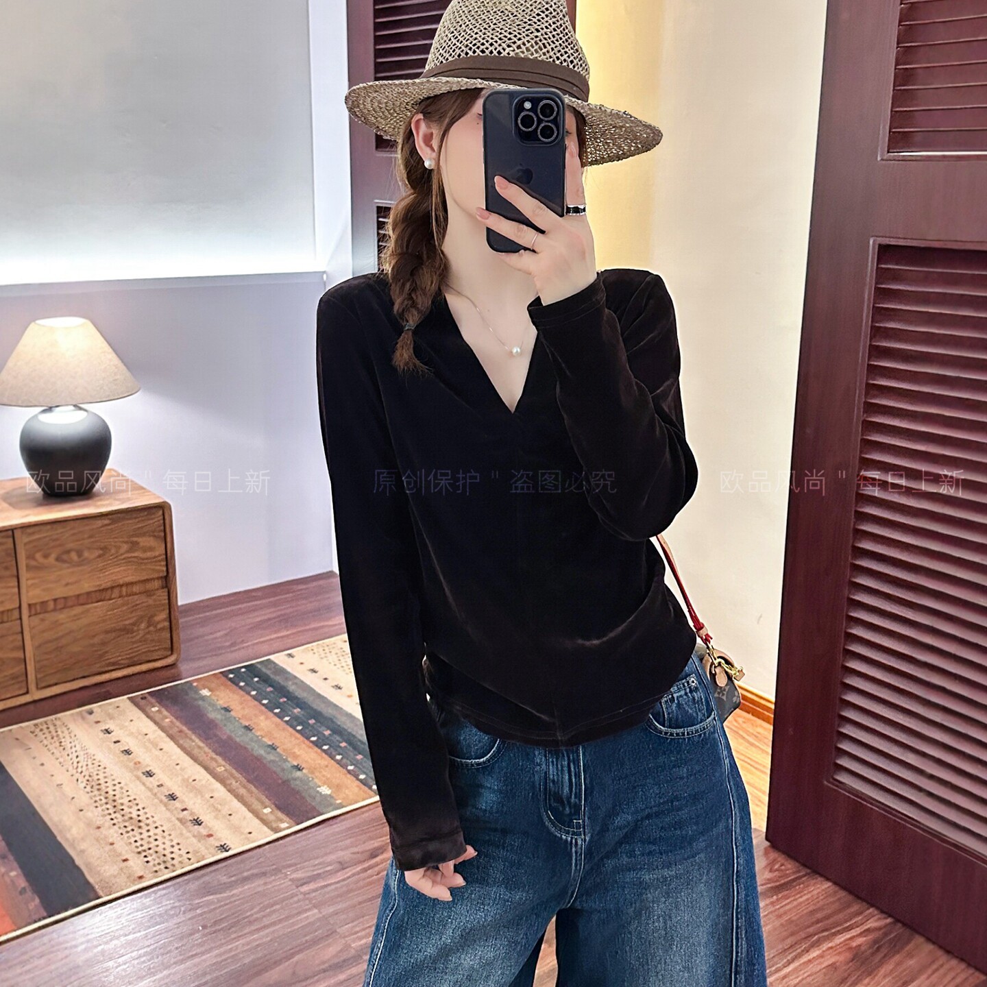 复古V领金丝绒长袖T恤女欧洲站潮