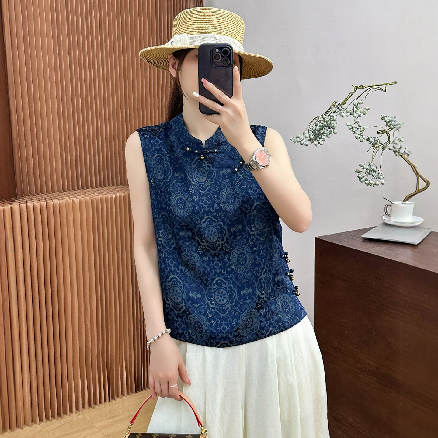 新中式盘扣青花瓷印花衬衫女欧货