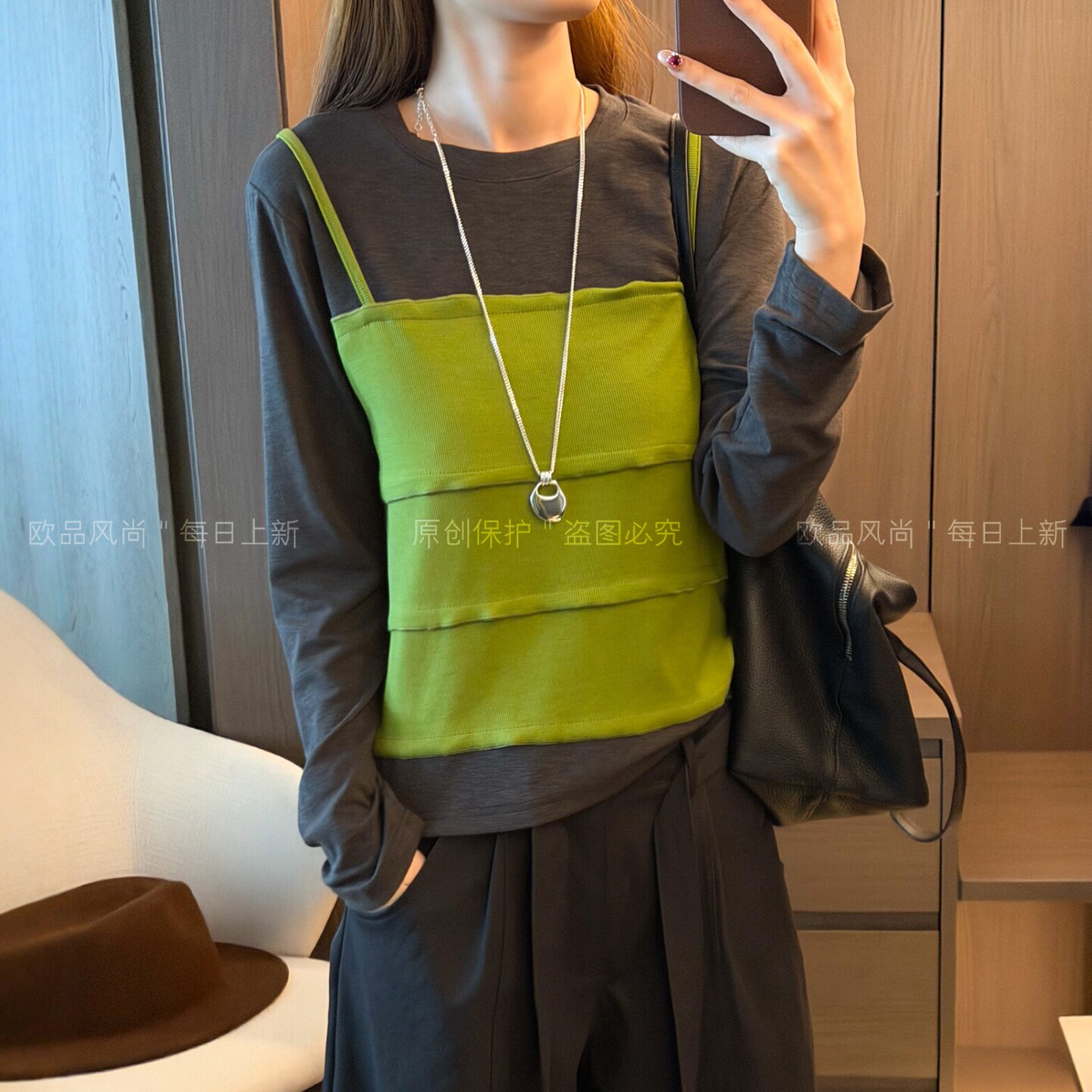 假两件吊带拼接长袖T恤女欧洲站