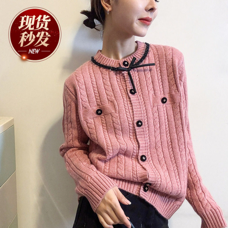 小香风镶钻麻花羊毛针织开衫女欧洲站2025冬装新款欧货女装毛衣潮,女装/女士精品,毛针织衫,淘宝优惠券,粉丝福利购,淘宝优惠卷