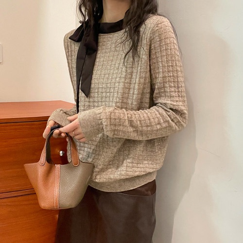 蝴蝶结桑蚕丝山羊绒针织衫女欧货