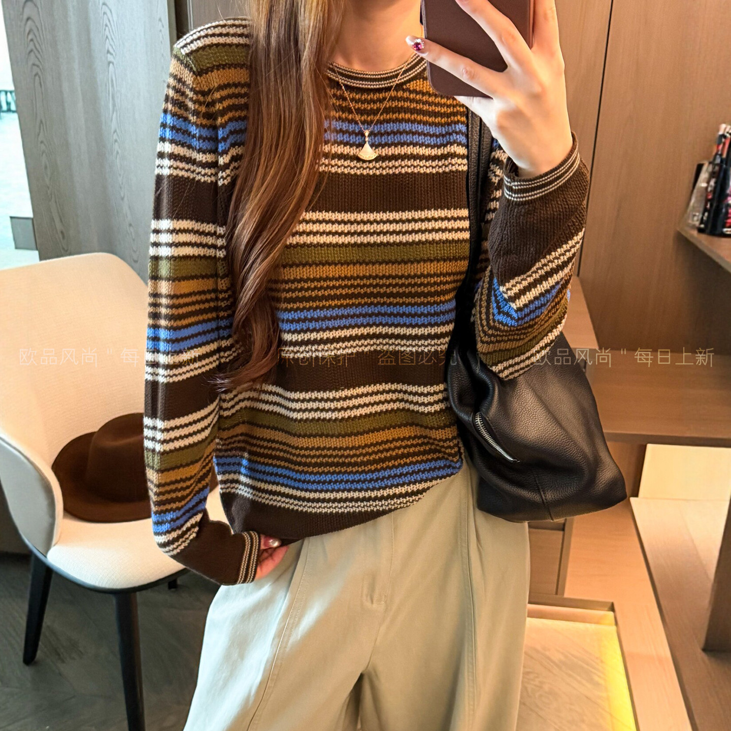 绵羊毛桑蚕丝条纹针织衫女欧洲站