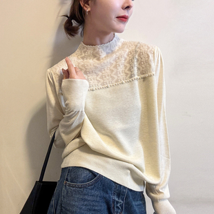 小衫 小半高领蕾丝钉珠羊毛针织衫 欧货女装 新款 潮 女欧洲站2025冬装