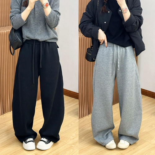 抽绳系带加绒弯刀阔腿裤女欧洲站