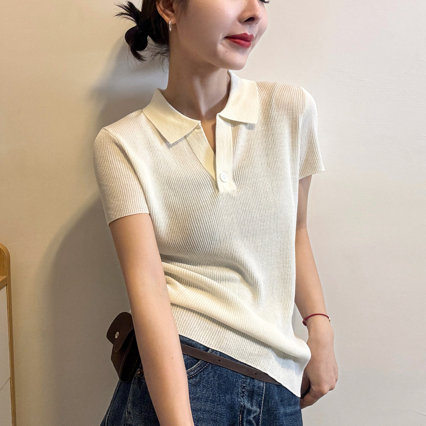 POLO领坑条冰丝针织衫女欧洲站2026春装新款欧货女装短袖打底衫潮