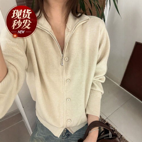双拉链立领纽扣针织开衫女欧洲站