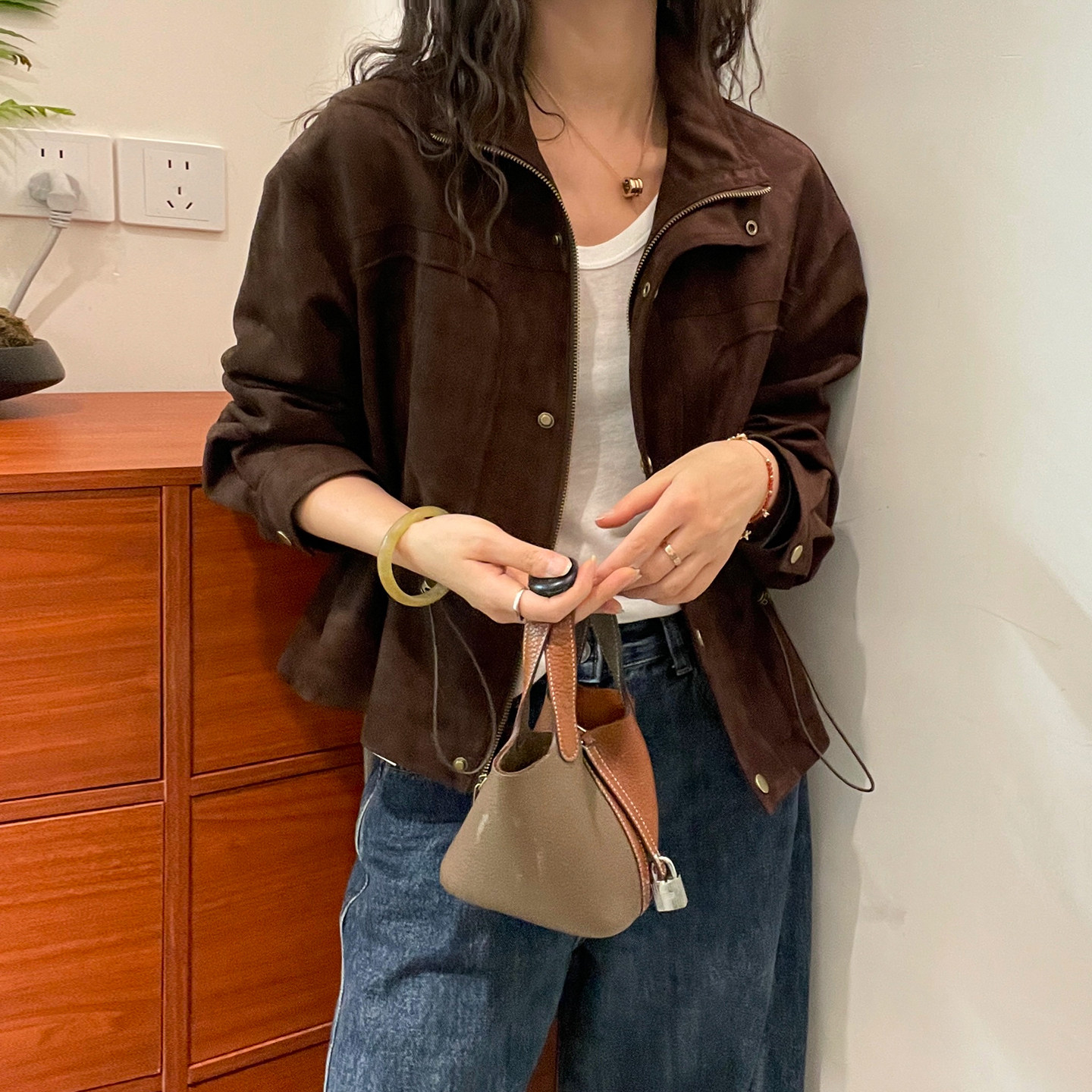 抽绳收腰立领麂皮绒外套女欧洲站