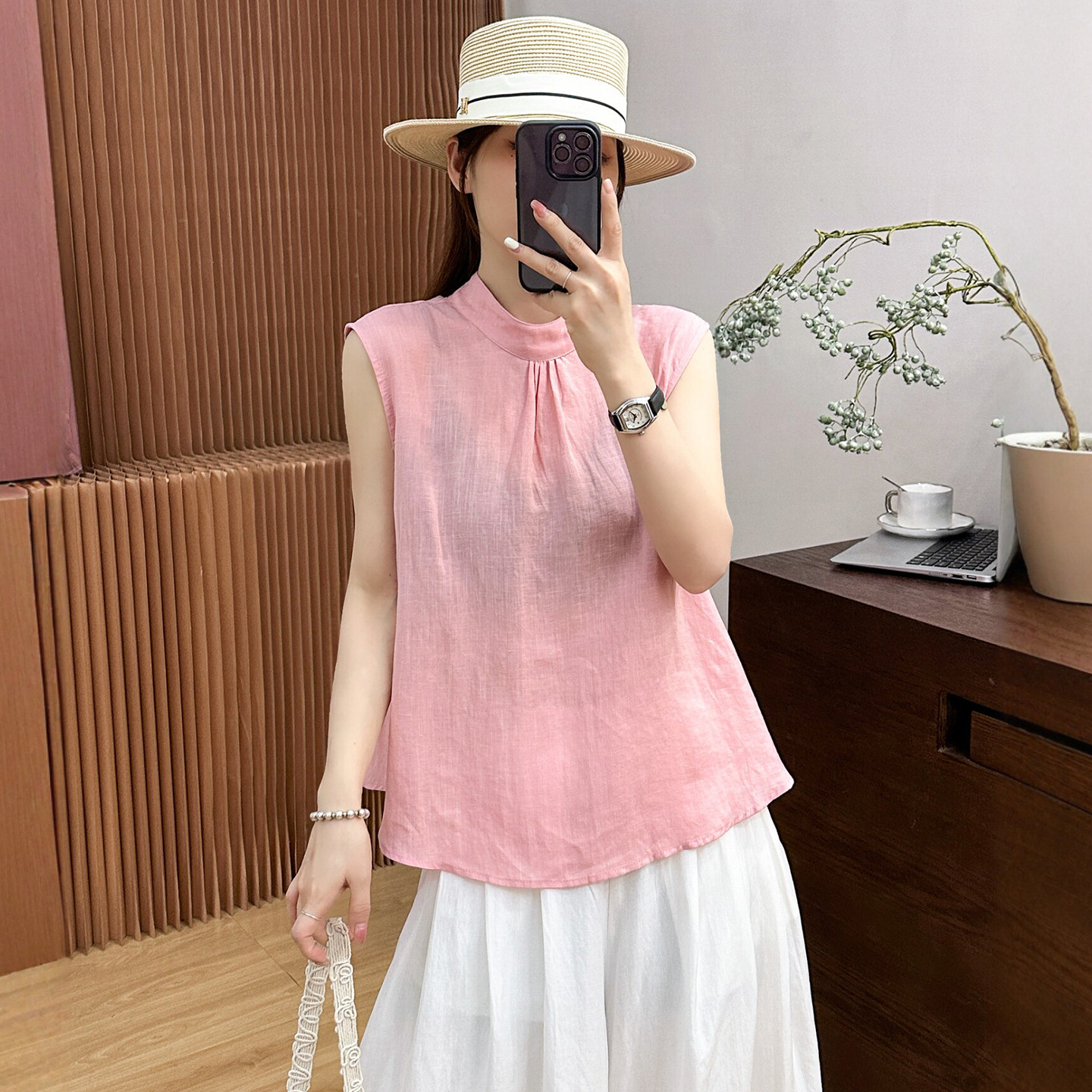 后背绑带立领天丝麻衬衫女欧洲站