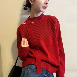 欧货女装 新款 打底毛衣潮 女欧洲站2025冬装 复古飘带露肩羊毛针织衫